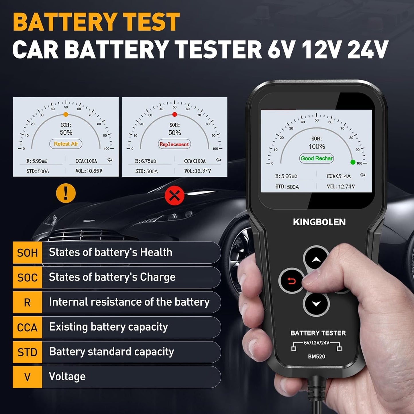 KINGBOLEN BM520 6V 12V 24V Auto Battery Tester